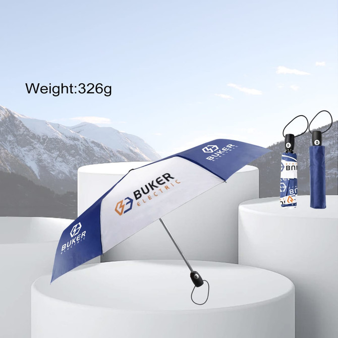 A blue and white 21'' automatic open and close umbrella with a logo, resting on a white pedestal in a mountainous background.