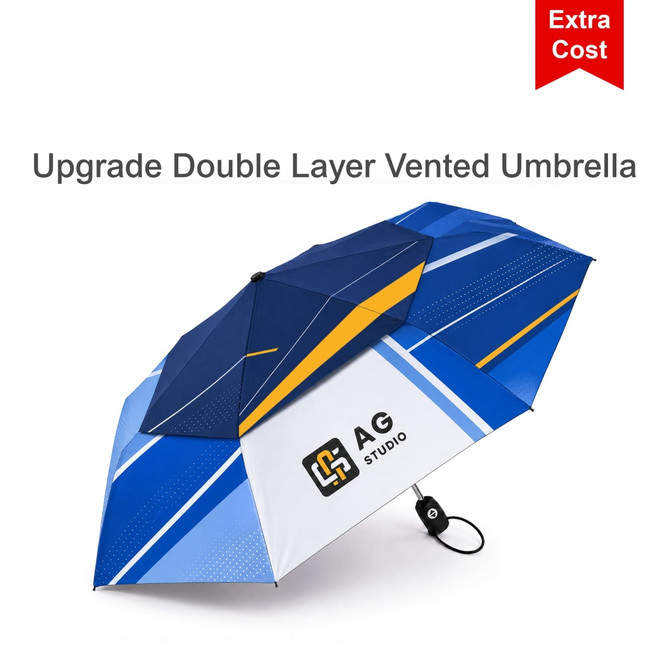 A blue and yellow vented umbrella featuring a logo, designed for automatic open and close functionality.