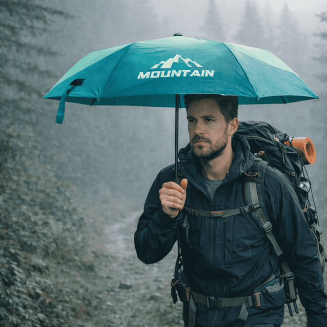 A compact folding umbrella in teal, featuring a logo, held by a man in outdoor gear on a misty hiking path.