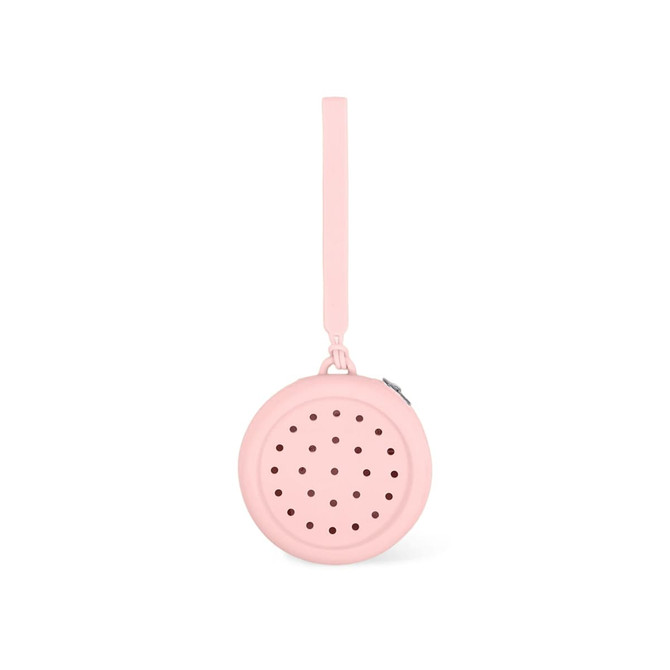A round pink silicone pouch with holes, featuring a strap for easy carrying. It has a simple design and a zipper closure.