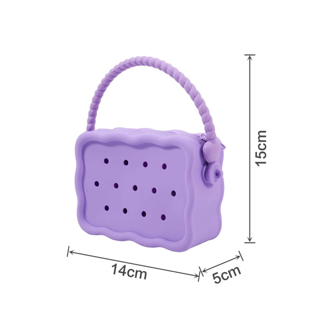 A purple silicone bag with holes, featuring a braided handle and a zip closure. Dimensions are 14cm x 5cm x 15cm.