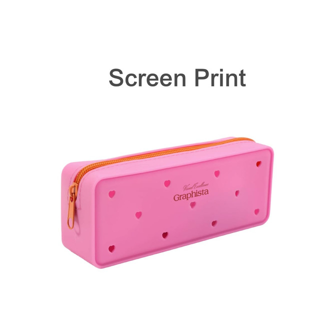 A pink silicone pencil case with heart-shaped holes and a zip closure, featuring a logo on the side.