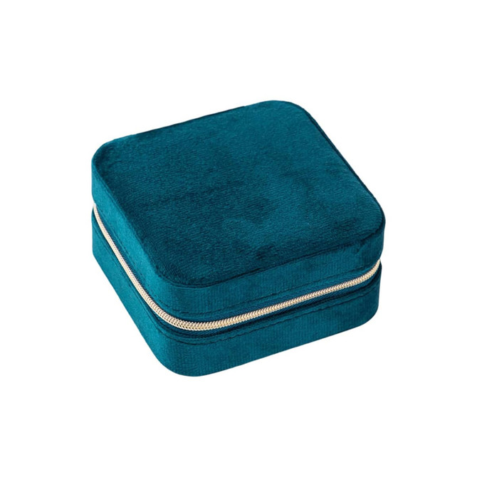 A velvet jewellery organiser in a rich teal colour, featuring a zip closure and a soft texture.