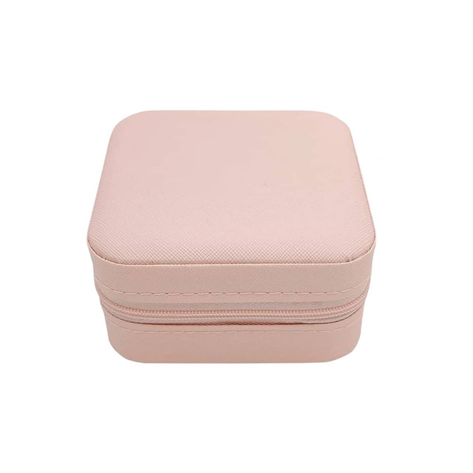 A pink PU leather jewellery box with a textured surface and a zipper closure. It has a simple, compact design.