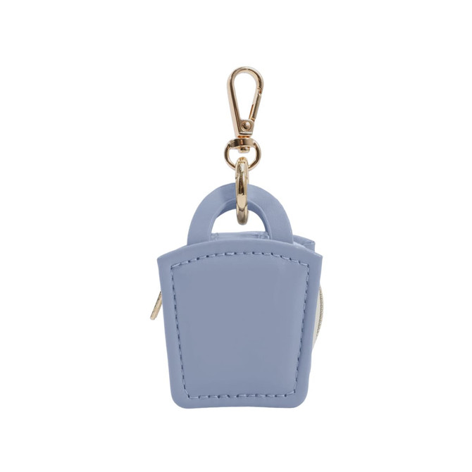 A small, light blue PU leather jewellery box with a zipper and a gold clip attachment.