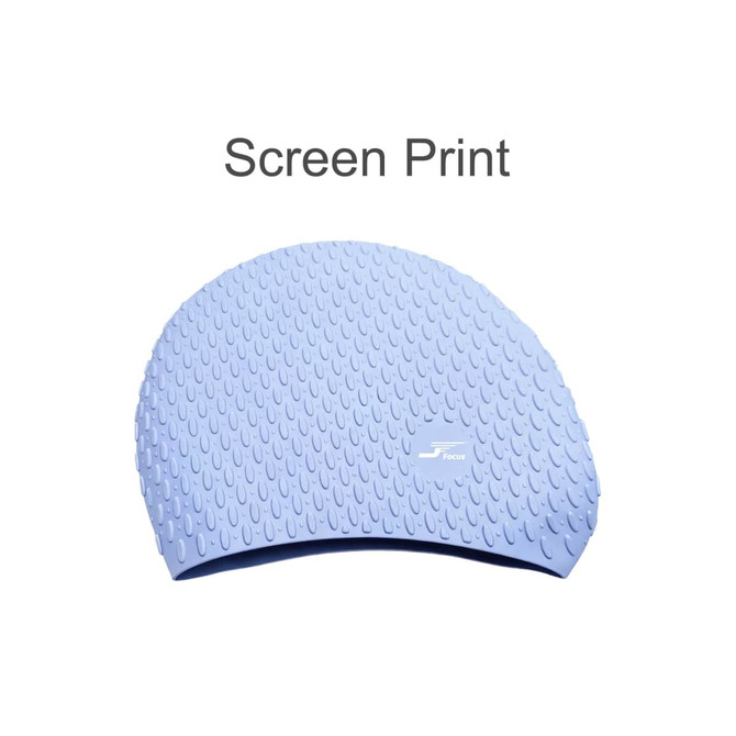 A premium silicone swimming cap in light blue, featuring a textured surface and a logo.