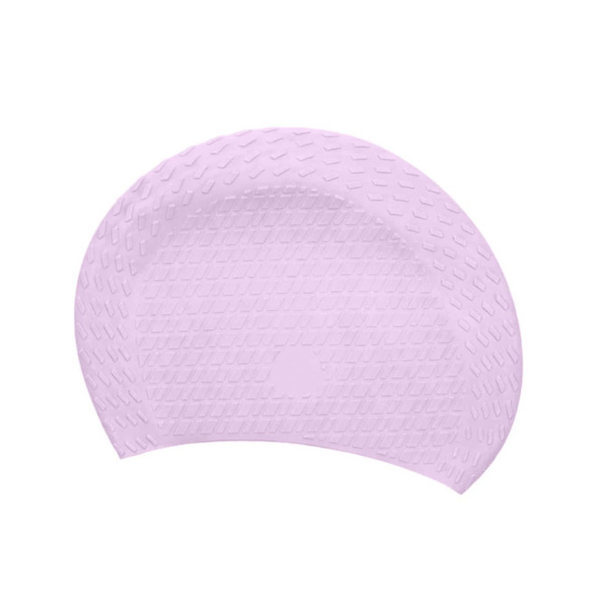 A premium silicone swimming cap in a soft pink colour with a textured surface design. Features a logo.
