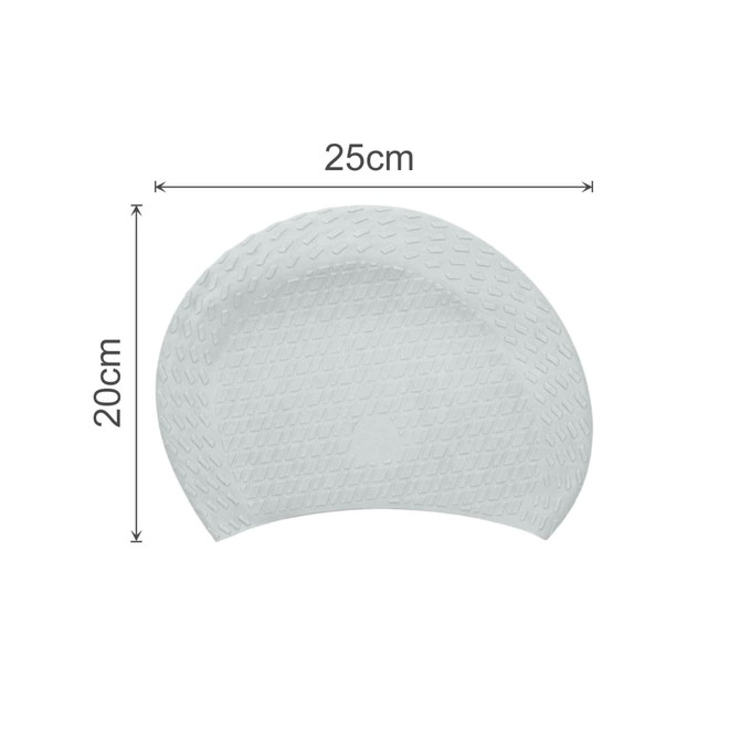 A white silicone swimming cap featuring a textured surface, measuring 25 cm by 20 cm, with a logo.
