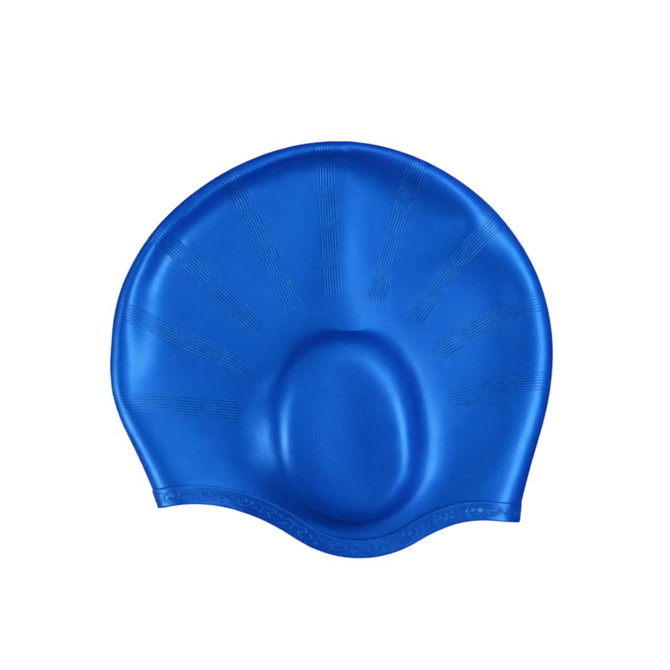 A blue swimming cap with attached earmuffs, featuring a smooth design and a logo on the front.