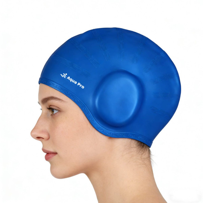 A blue swimming cap with built-in earmuffs, featuring a logo, designed for comfort and ear protection.