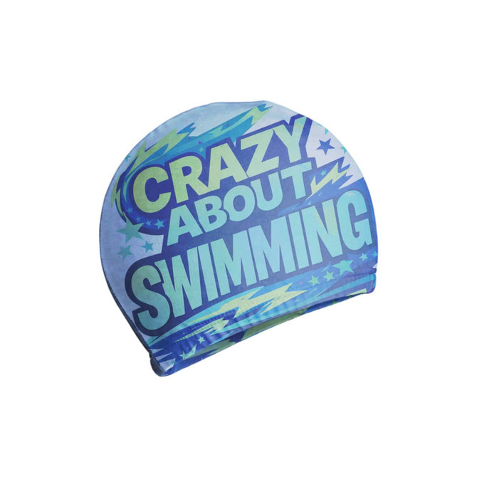 A full-colour polyester swimming cap in blue shades with a pattern of stars and lightning, featuring fun text and a logo.