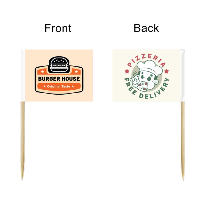 A pack of 100 paper flags with a burger design on one side and a pizza delivery design on the other, featuring wooden sticks.