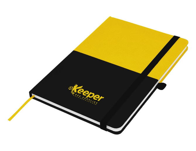A notebook featuring a black and yellow design, with a branded logo and an elastic closure.