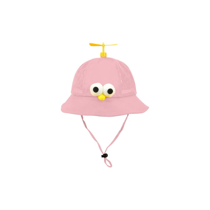 A pink propeller hat with a mesh top, featuring large googly eyes and a yellow propeller on top.