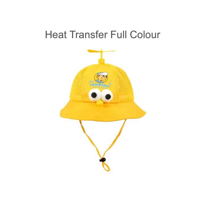 A yellow propeller hat with a mesh design, featuring large eyes and a playful cartoon character on the front.
