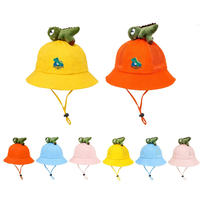 A collection of dinosaur-themed bucket hats in yellow, orange, pink, and blue, each with a small dinosaur plush detail on top.