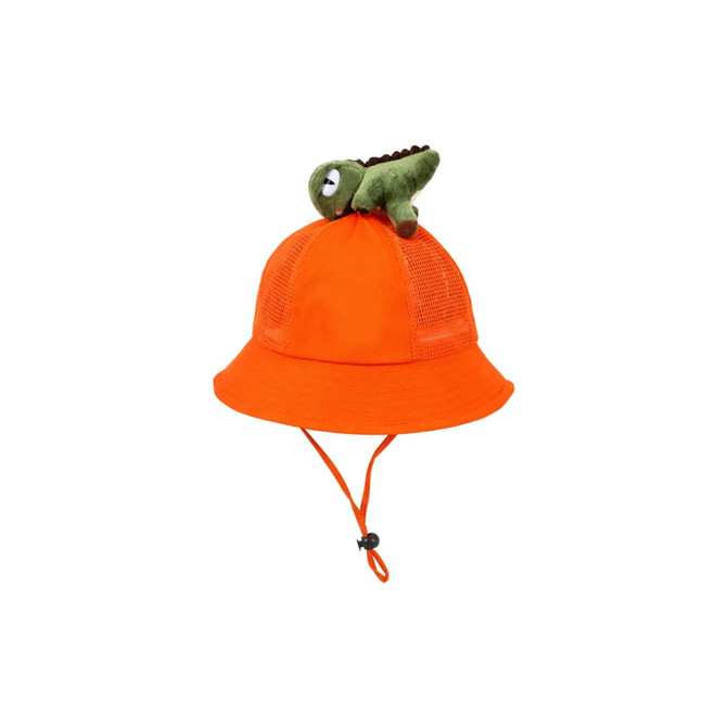 An orange bucket hat featuring a plush dinosaur on top, complete with a chin strap.