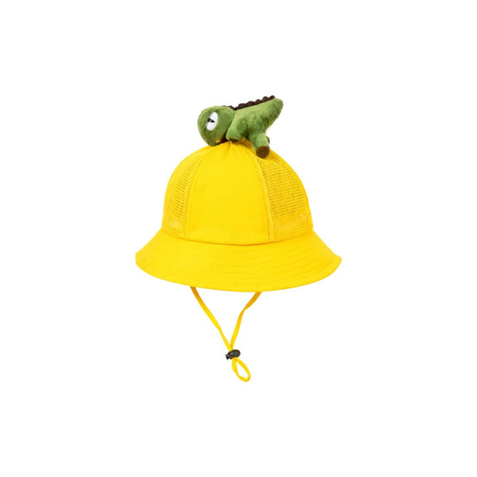 A bright yellow bucket hat featuring a green dinosaur plush on top and a adjustable chin strap.