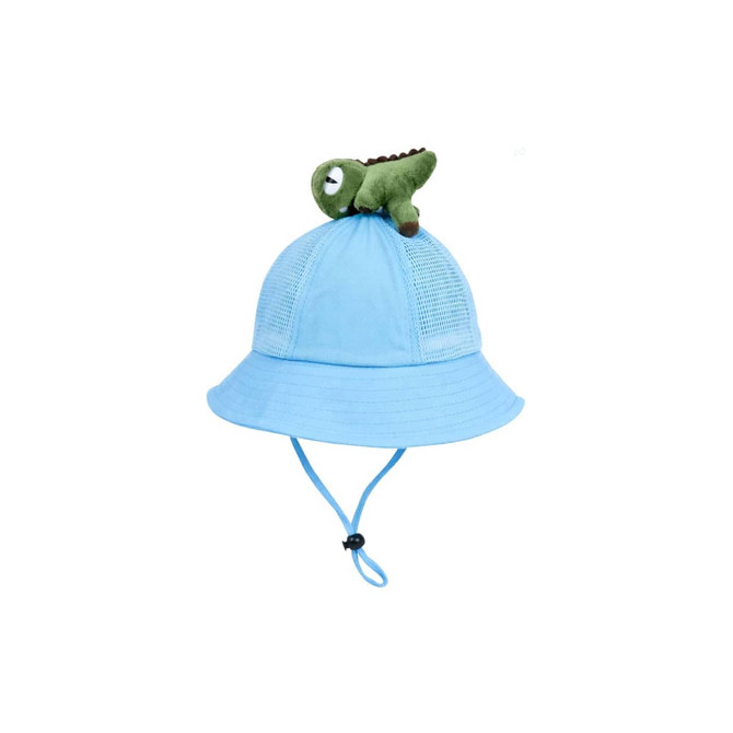 A light blue bucket hat with a mesh top and a green dinosaur toy on the crown, featuring an adjustable chin strap.