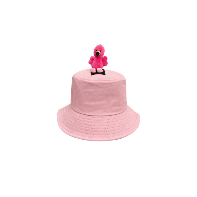 A pink bucket hat featuring a plush flamingo on top and a logo on the side.
