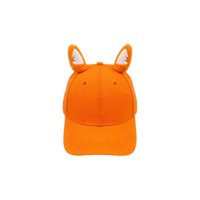 An orange baseball hat with cute animal ears on top and a logo on the side.