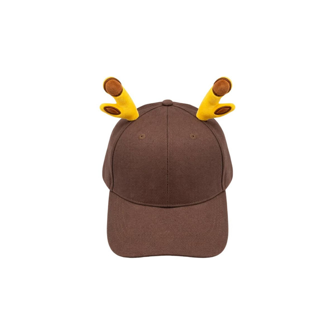 A brown baseball cap with yellow animal ears on top. It features a simple design and has an unadorned logo.