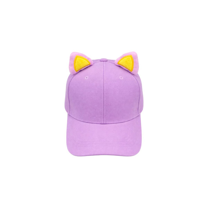 A purple baseball hat with cute yellow animal ears. The hat features a logo on the front.