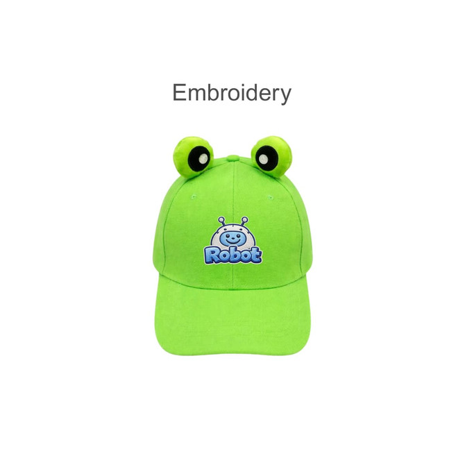 A bright green baseball cap with embroidered details and animal ears on top, featuring a logo on the front.