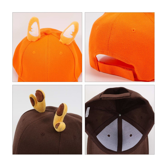 A cute orange and brown baseball hat featuring animal ears and decorative accents on the top. It has a logo.