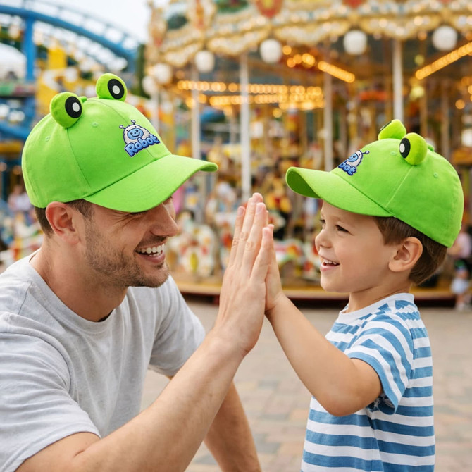 Two people wearing bright green animal ear baseball hats playfully high-five each other, with a carousel in the background.