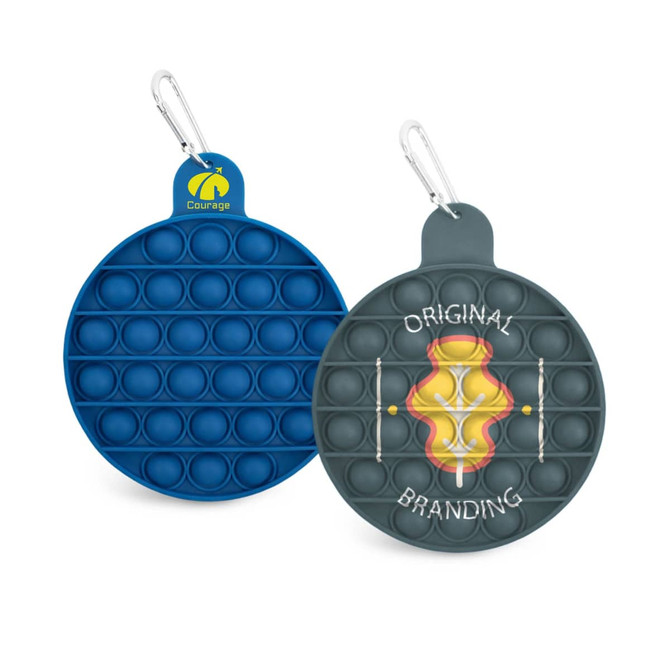 A round pop bubble board featuring a dark grey side and a blue side, with a carabiner clip attached.