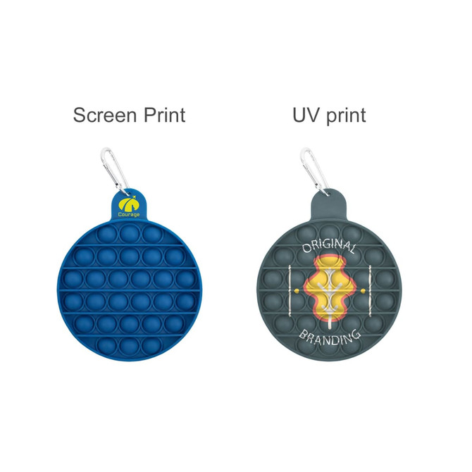 A round pop bubble board in blue, featuring a clip and two printing styles on its surface. It has a logo.
