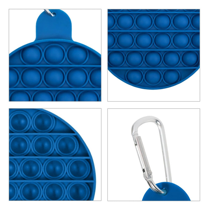 A round blue pop bubble board with multiple dimples and a carabiner attachment. It features a simple plastic design.