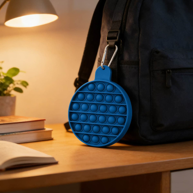 A blue round pop bubble board hanging from a black backpack, with a soft surface and multiple popping bubbles.