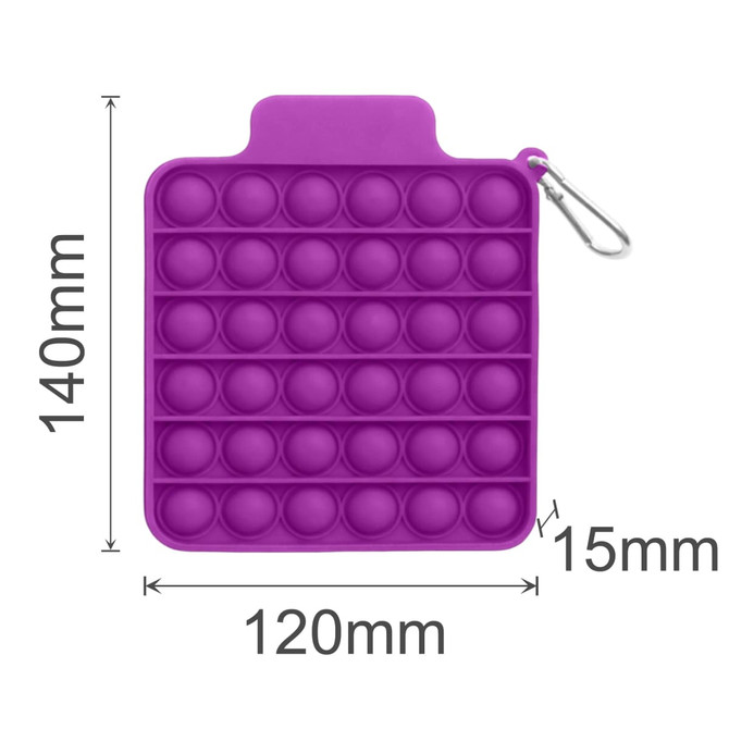 A purple square push bubble board with various sized bubbles, featuring a clip for attachment. Dimensions are indicated.