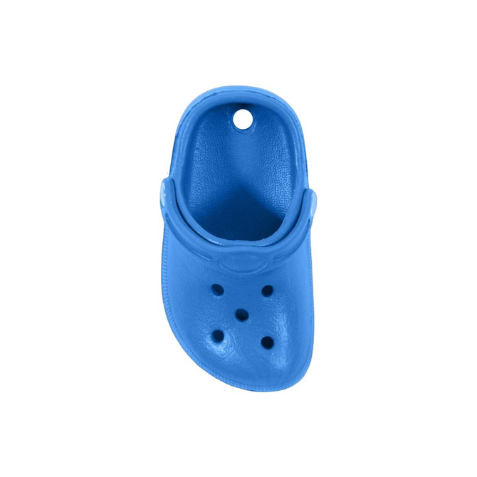A blue clog shoe-shaped charm featuring ventilation holes, with a round hole at the top for attachment.