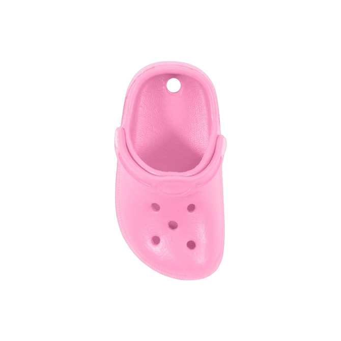 A pink clog shoe-shaped charm with ventilation holes, designed as a decorative accessory.