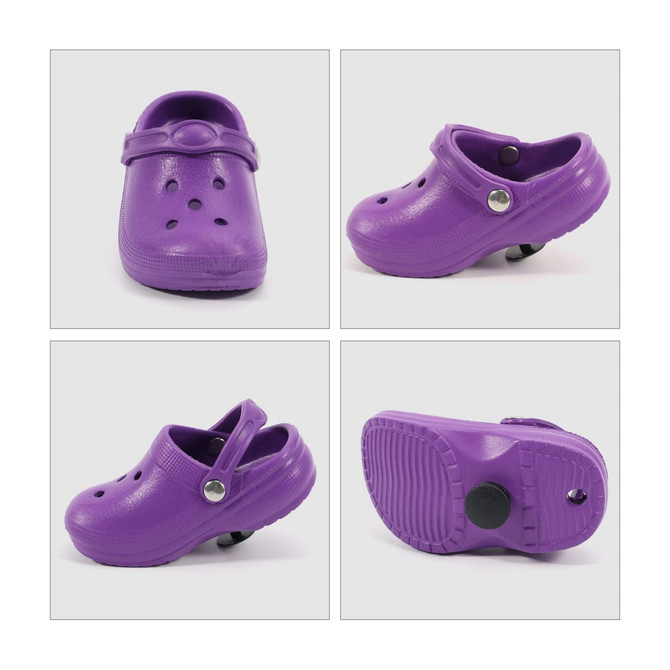 A collection of purple clog shoe-shaped charms displayed from multiple angles, featuring a shiny button and textured sole.