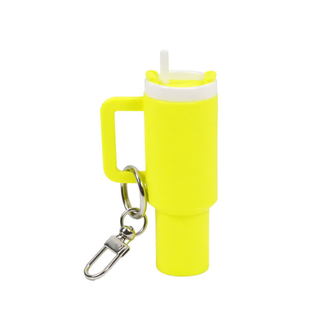 A bright yellow mini tumbler keyring featuring a straw and a clip for attachment. Includes a handle and a branding logo.