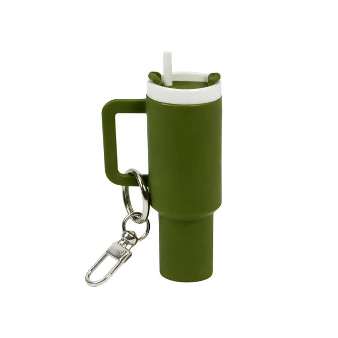 A drink bottle keyring in olive green with a white lid and removable straw, featuring a metal clip for attachment.