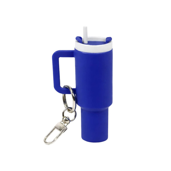 A mini tumbler keyring in blue with a white lid and straw, featuring a metal keyring attachment.