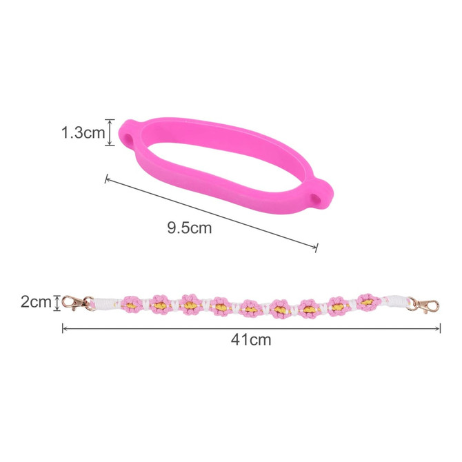 A drink bottle strap in pink with woven flower decorations, featuring a gold-tone clasp and measuring 41 cm in length.