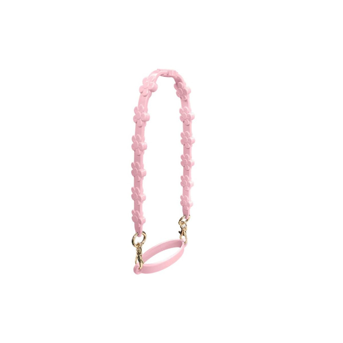 A drink bottle strap featuring pink silicone flowers and gold hardware, designed for tumblers.