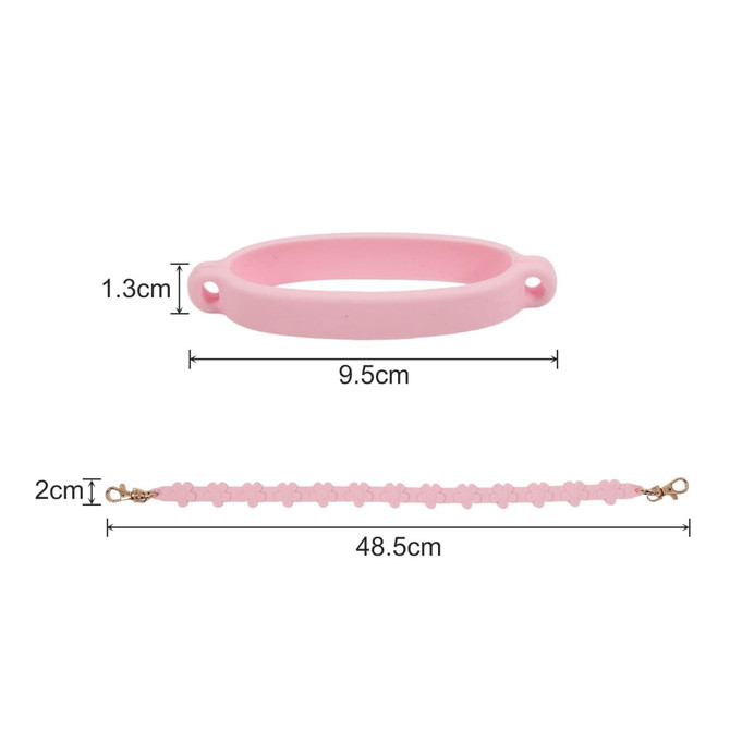 A pink silicone flower tumbler strap with a length of 48.5 cm and width of 1.3 cm, featuring a clasp.