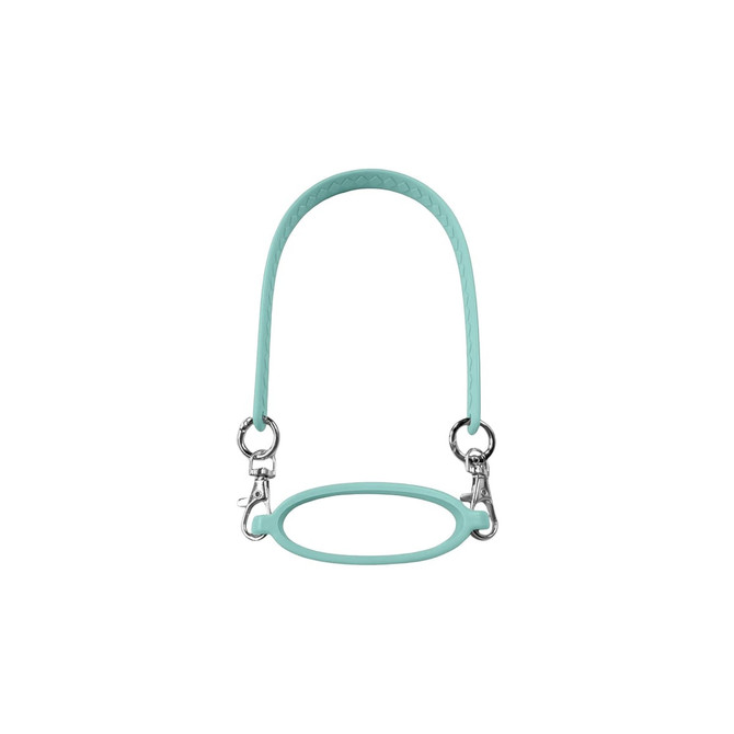 A drink bottle silicone cup carry strap in a light blue colour with silver clips on each end.