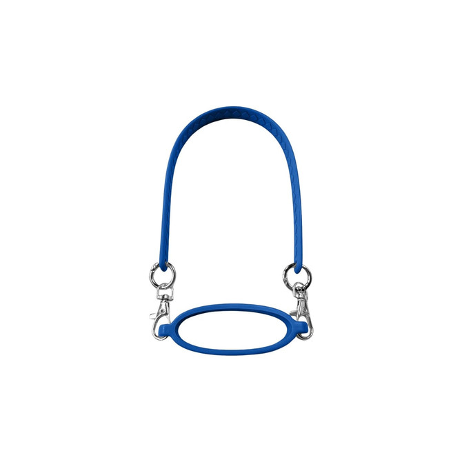 A drink bottle carry strap in blue silicone with metal clips for attachment and a rounded handle design.