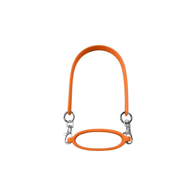 An orange silicone cup carry strap featuring metal clips for attachment.