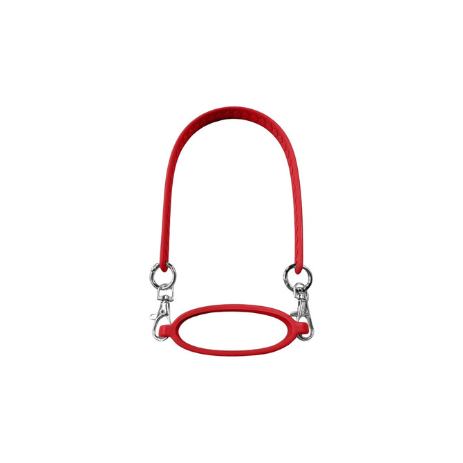 A drink bottle carry strap in vibrant red silicone, featuring metal clips for attachment and a rounded handle design.