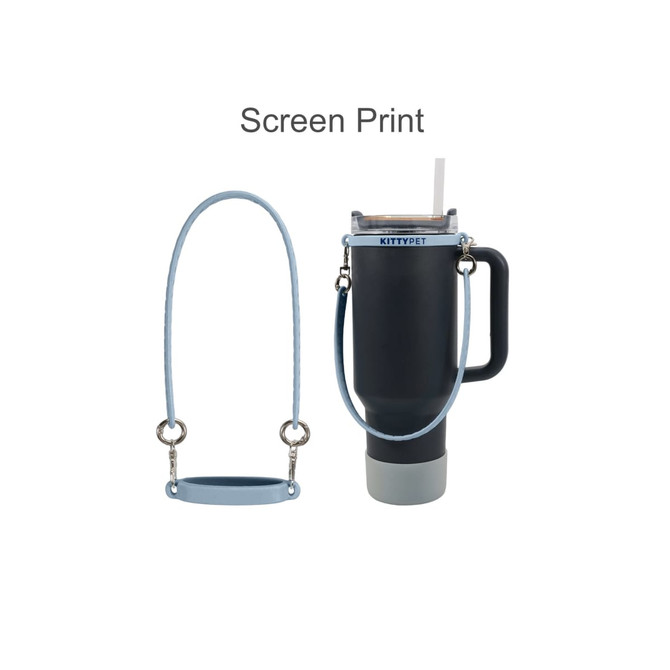 A drink bottle with a dark body and light blue silicone carry strap featuring metal attachments.