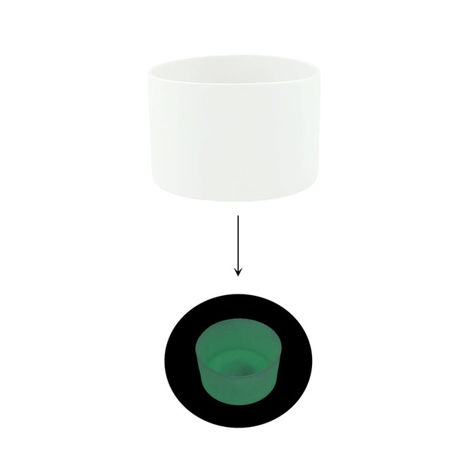 A drink bottle featuring a white silicone boot that glows in the dark with a vibrant green hue.